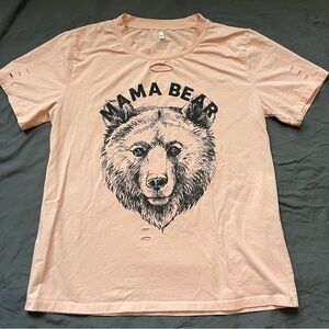 Mama Bear Short Sleeve Shirt Top Women’s Size Large Light Pink Cotton Distressed